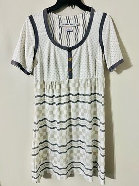 Gretchen Scott Checkerboard Mini Dress Short Sleeve Mixed Print White Gray Sz L